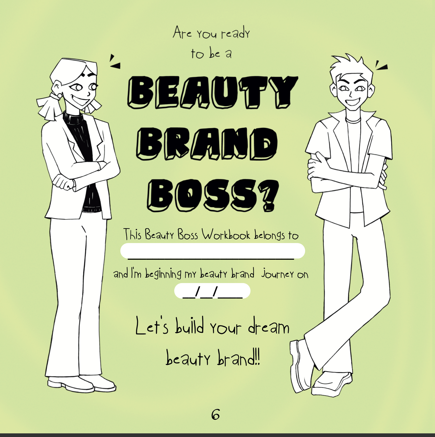 Page from a workbook titled 'Are You Ready to be a Beauty Brand Boss?' with line art of two people on a green background.