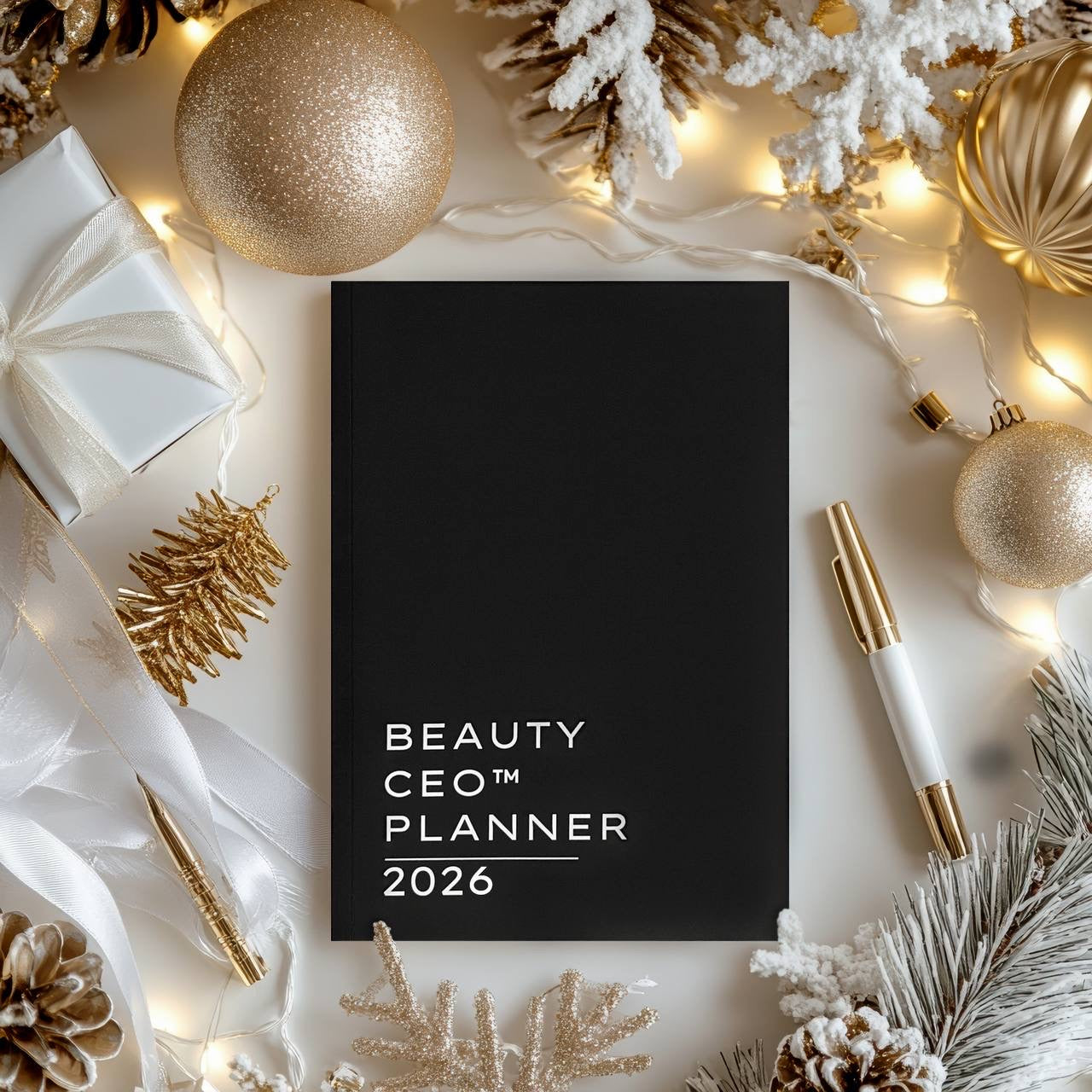 Beauty CEO™ Planner surrounded by by gold Christmas baubles