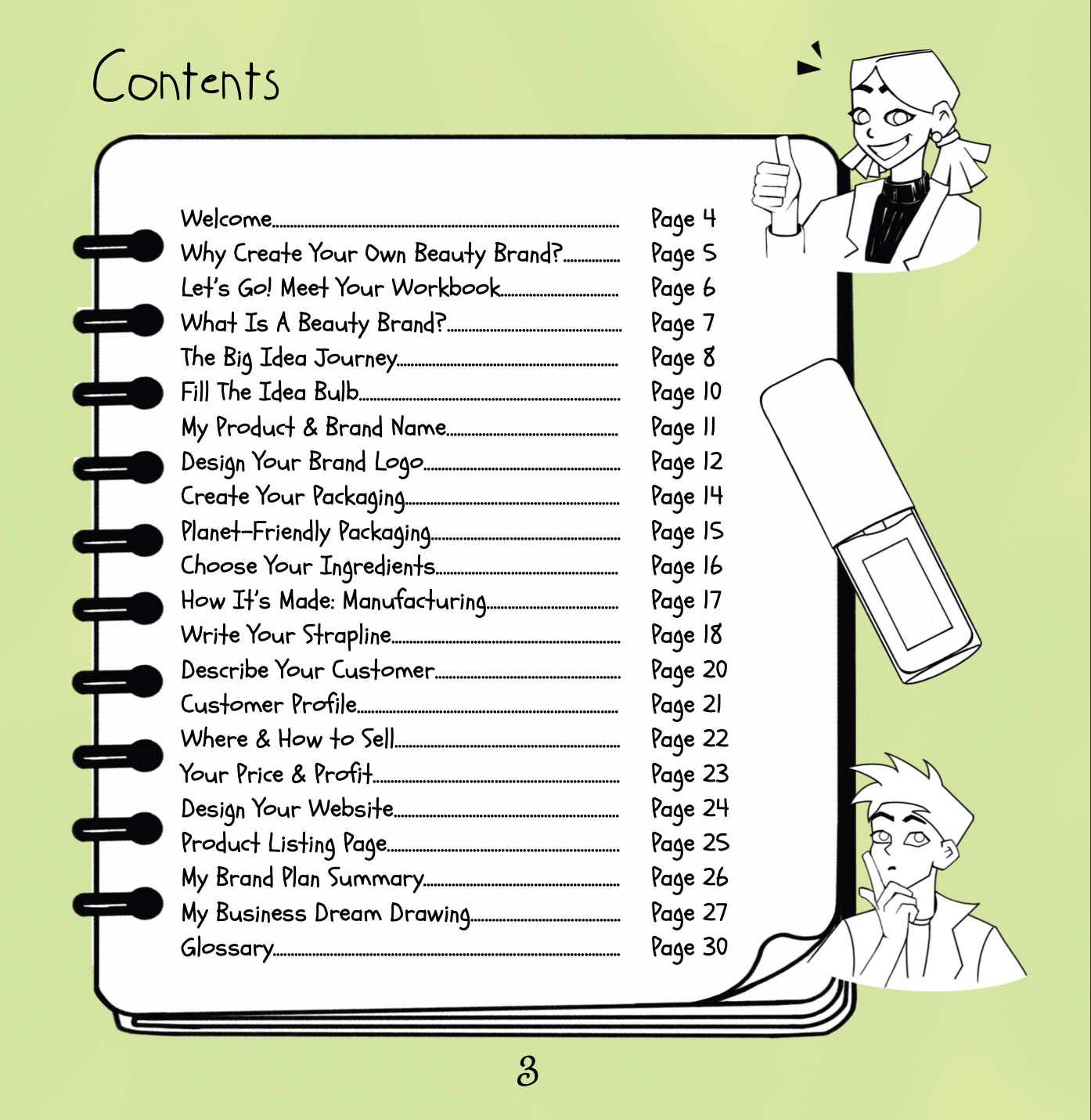 Table of contents for creating a beauty brand with illustrations on a green background