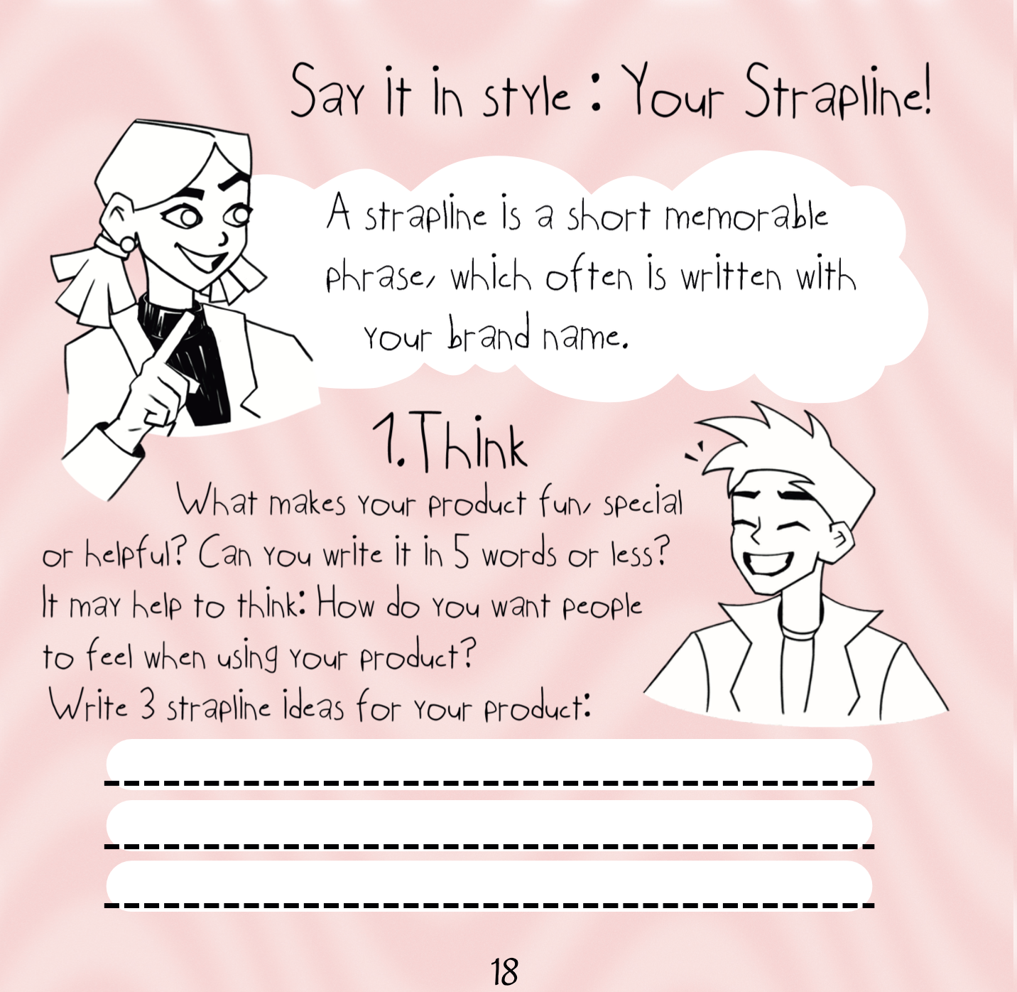 Sheet with cartoon illustration characters and text for creating a strapline on a pink background