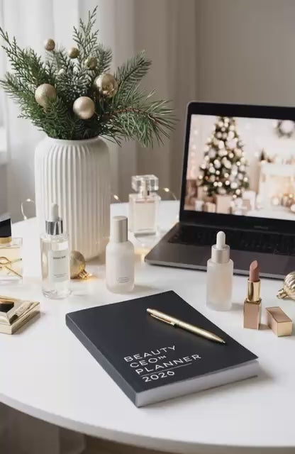 Beauty CEO™ Planner on a desk with a laptop and cosmetics