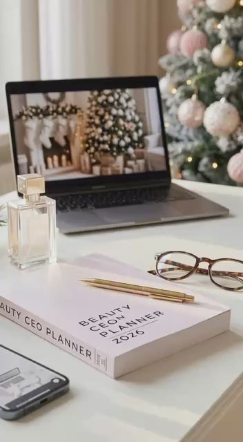 Beauty CEO™ Planner by a laptop on a desk with a Christmas tree in the background. 